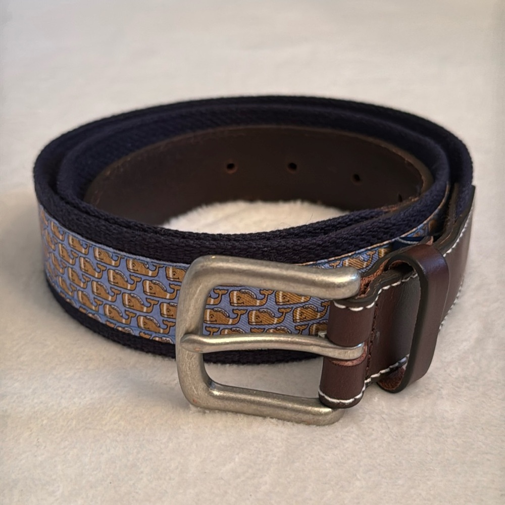 Vineyard Vines | Football Micro Whale Silk Canvas Club Belt Navy Blue Gameday 36